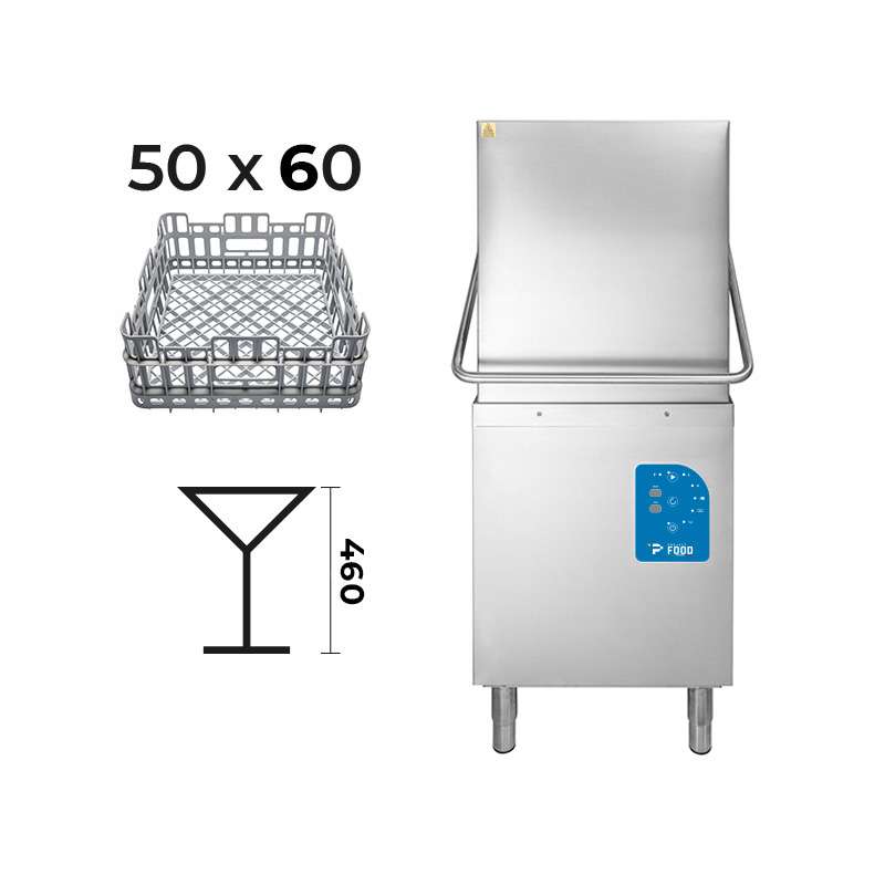 Lavastoviglie elettronica a capotta con cestello 60x50 cm e bracci inox completa di dosatori + pompa di scarico