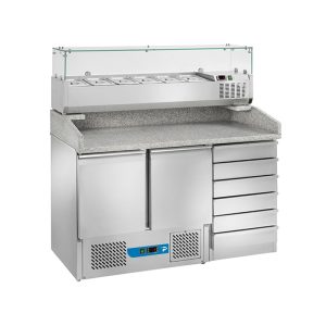 Banco pizzeria refrigerato con n° 2 porte GN 1/1 + 6 cassetti e vetrinetta portagusti per 6 bacinelle GN 1/4