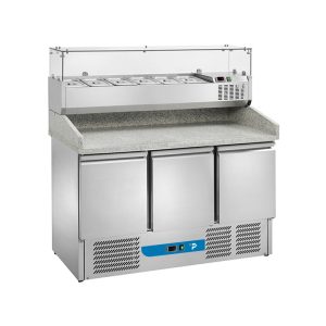 Banco pizzeria refrigerato con n° 3 porte GN 1/1 e vetrinetta portagusti per 6 bacinelle GN 1/4