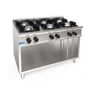 Piano cottura a gas 6 fuochi con 3 bruciatori da 4,5 kw + 3 bruciatori da 7,5 kw su vano a giorno