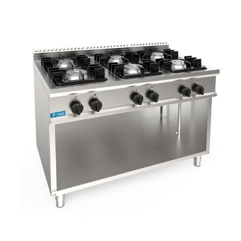 Piano cottura a gas 6 fuochi con 3 bruciatori da 4,5 kw + 3 bruciatori da 7,5 kw su vano a giorno