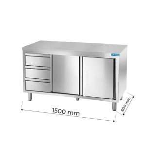 Tavolo armadiato in acciaio inox con 3 cassetti verticali a sinistra senza alzatina L1500xP600xH850 mm