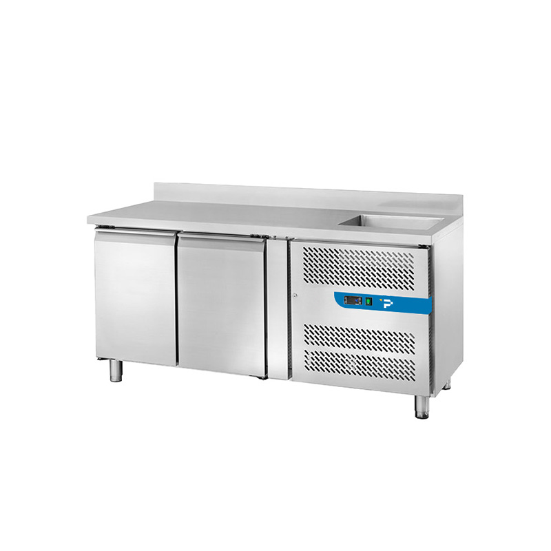 Tavolo refrigerato con n° 2 porte GN 1/1 con lavello 40x40 e alzatina temp. da -2°C a +8°C prof. 70 cm - classe B