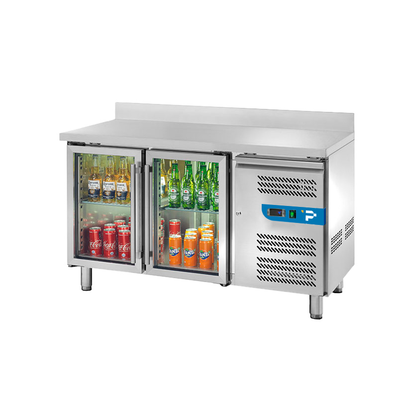 Tavolo refrigerato con n° 2 porte vetro per GN 1/1 con alzatina temp. da -2°C a +8°C prof. 70 cm - classe B