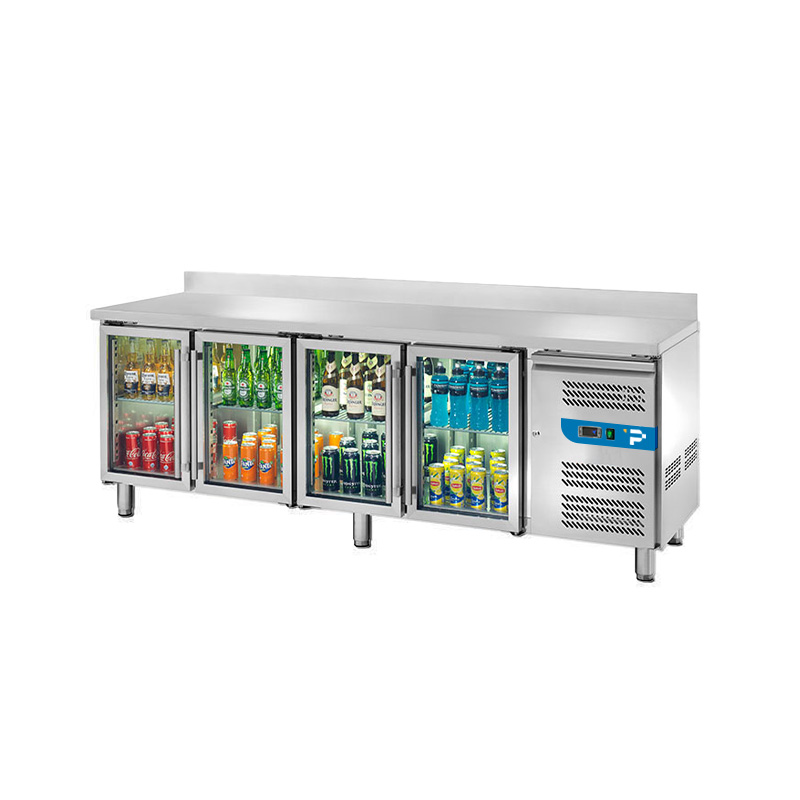Tavolo refrigerato con n° 4 porte vetro per GN 1/1 con alzatina temp. da -2°C a +8°C prof. 70 cm - classe C
