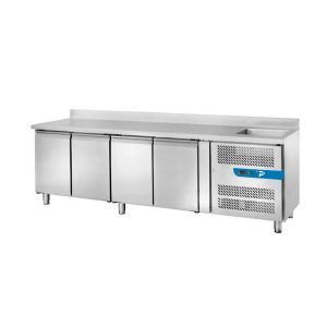 Tavolo refrigerato con n° 4 porte GN 1/1 con lavello 40x40 e alzatina temp. da -2°C a +8°C prof. 70 cm - classe C