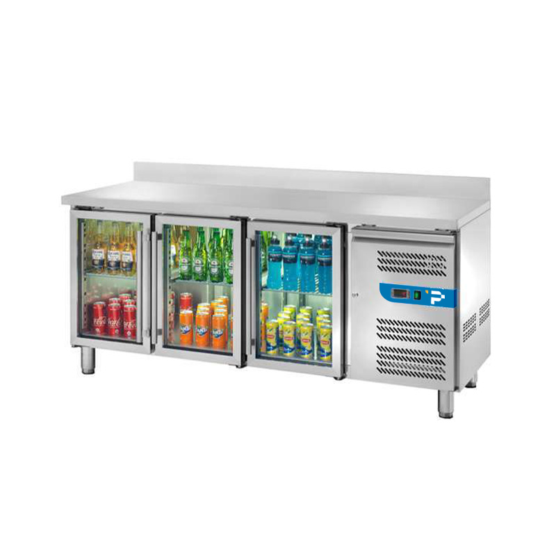 Tavolo refrigerato con n° 3 porte vetro per GN 1/1 con alzatina temp. da -2°C a +8°C prof. 70 cm - classe C
