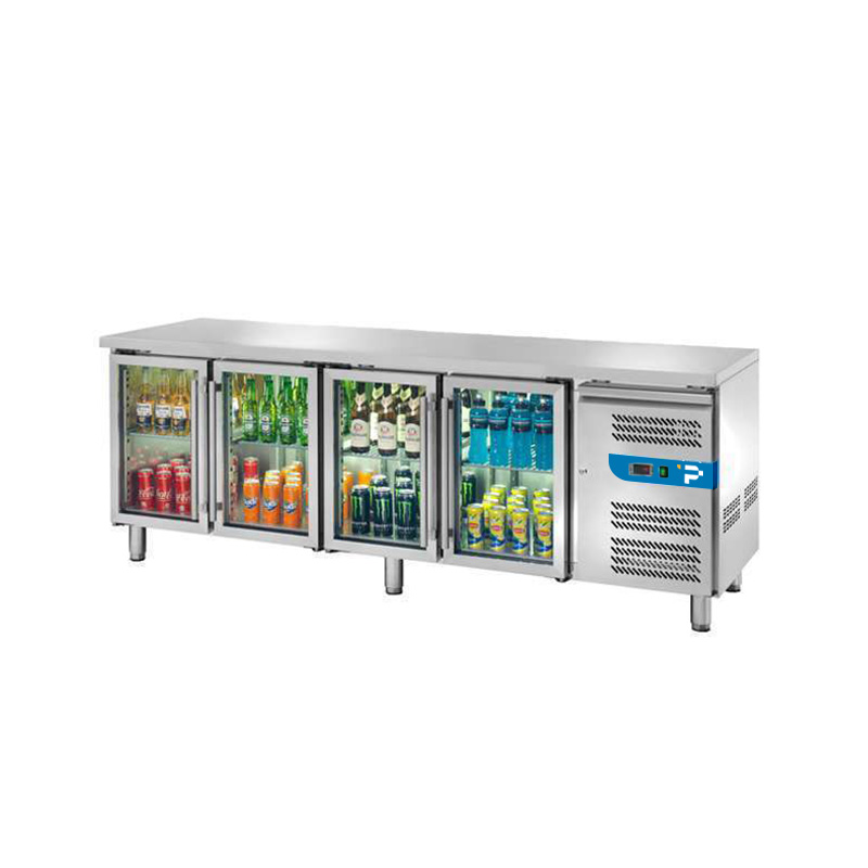 Tavolo refrigerato con n° 4 porte vetro per GN 1/1 senza alzatina temp. da -2°C a +8°C prof. 70 cm - classe C