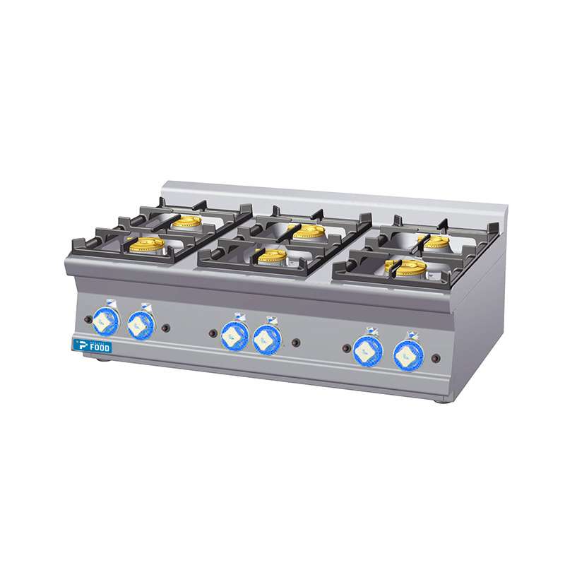 Piano cottura da banco a gas 6 fuochi con 3 bruciatori da 5,5 kw + 3 bruciatori da 3,5 kw