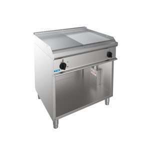 Fry-Top professionale elettrico con piastra doppia ยฝ liscia + ยฝ rigata su vano a giorno