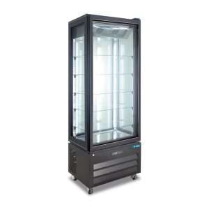 Vetrina espositiva nera no frost con 4 lati vetro e 5 ripiani temp da +2°C a +8°C - capacità 340 lt