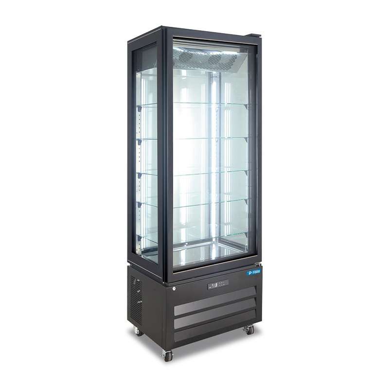 Vetrina espositiva nera no frost con 4 lati vetro e 5 ripiani temp da +2°C a +8°C - capacità 340 lt
