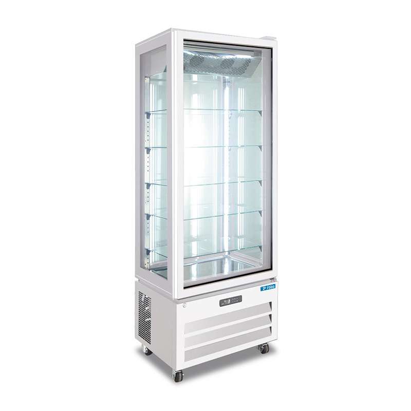 Vetrina espositiva bianca no frost con 4 lati vetro e 5 ripiani temp da +2°C a +8°C - capacità 340 lt