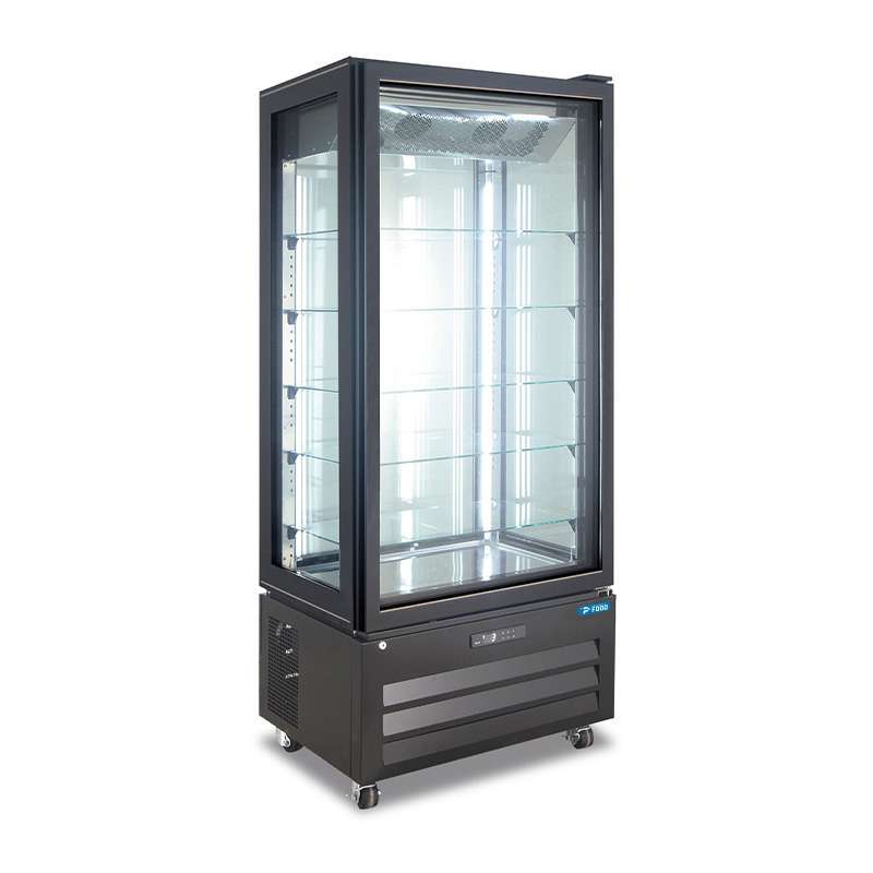 Vetrina espositiva nera no frost con 4 lati vetro e 5 ripiani temp da +2°C a +8°C - capacità 450 lt