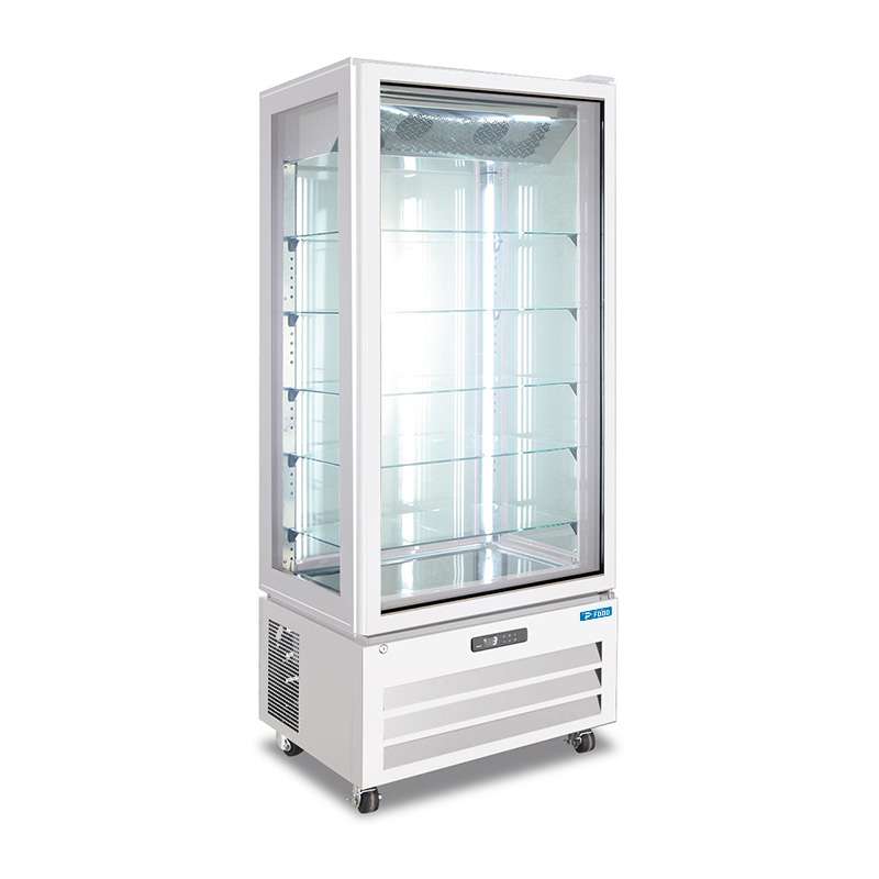 Vetrina espositiva bianca no frost con 4 lati vetro e 5 ripiani temp da +2°C a +8°C - capacità 450 lt