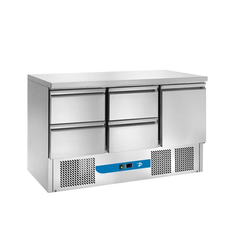 Saladette a refrigerazione ventilata con n° 1 porta + n° 4 cassetti e piano in acciaio inox