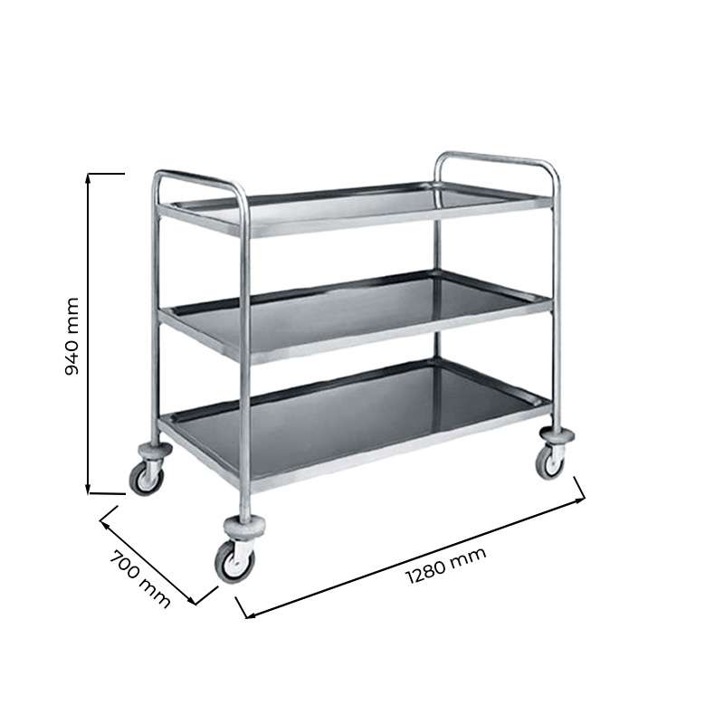 Carrello di servizio in acciaio inox con 3 piani – L1280xP700xH1040 mm